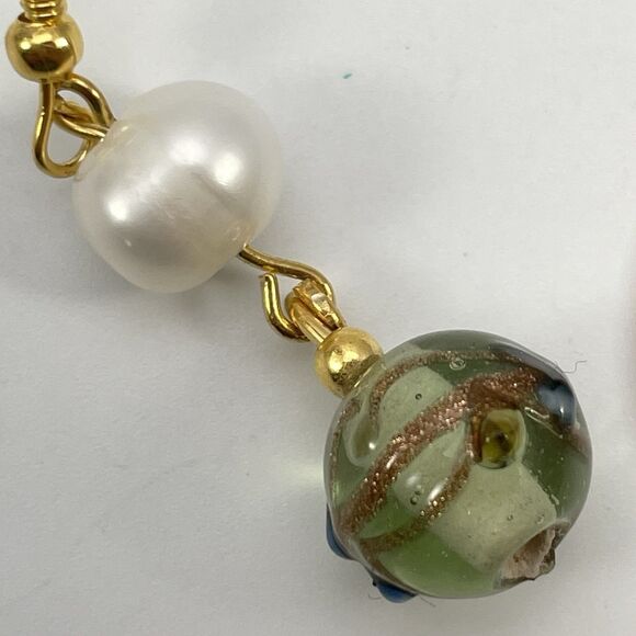 Artisan Handcrafted Green Wedding Cake Bead Freshwater Pearl Earrings Dangle - Picture 2 of 5